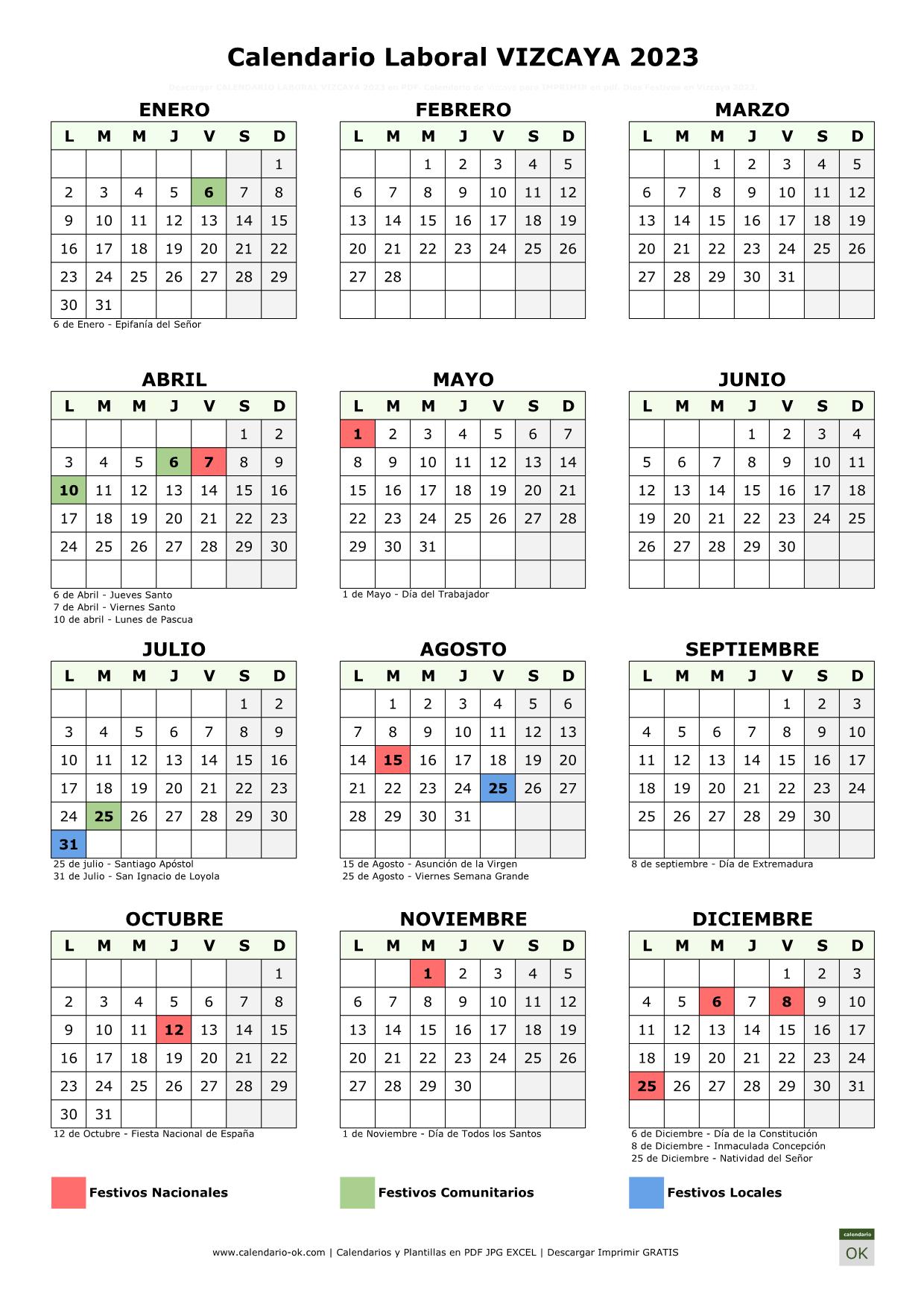 Festivos Bizkaia 2022 ▷ Calendario Laboral VIZCAYA 2023 con Festivos