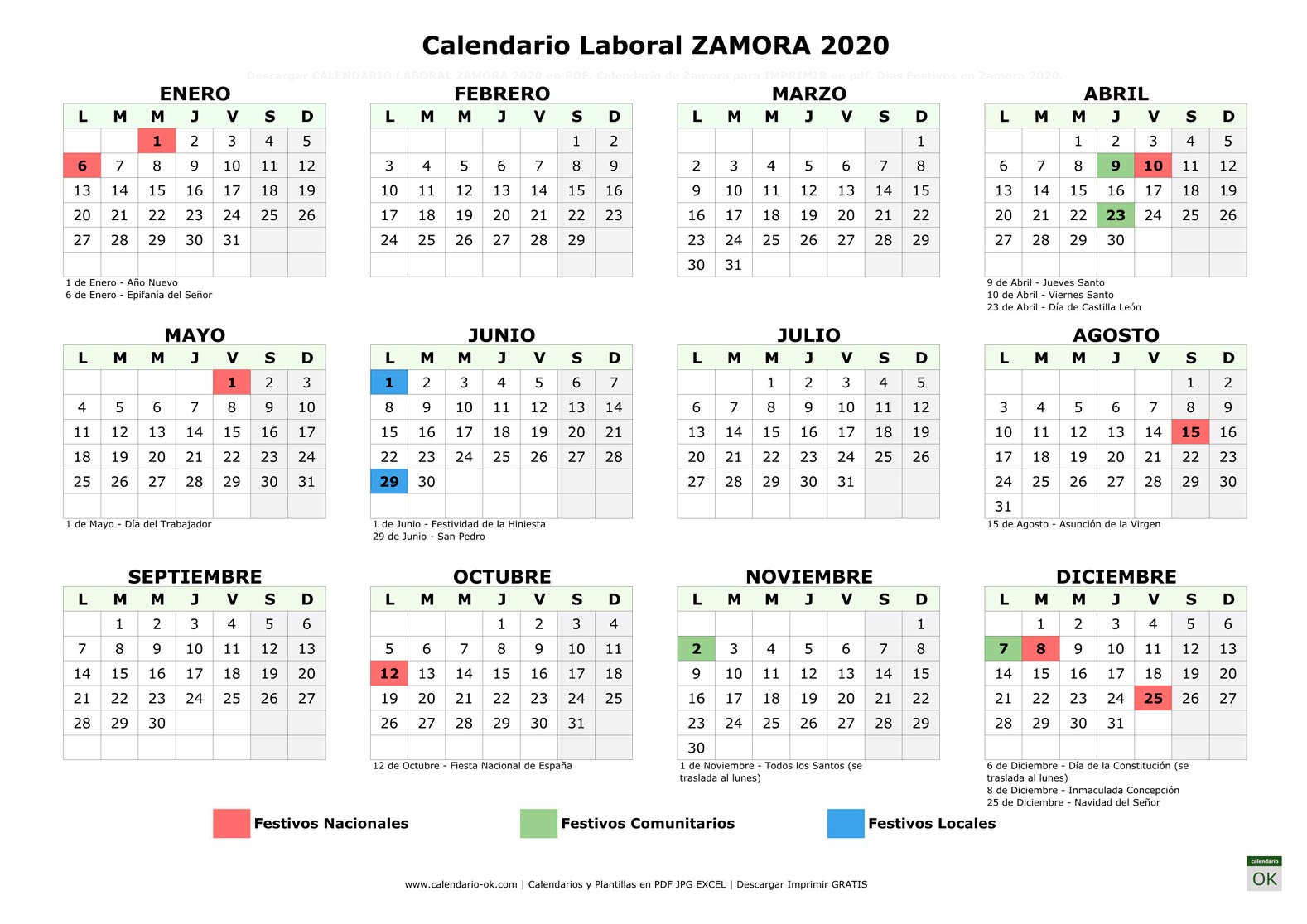 Calendario Laboral ZAMORA 2020 horizontal