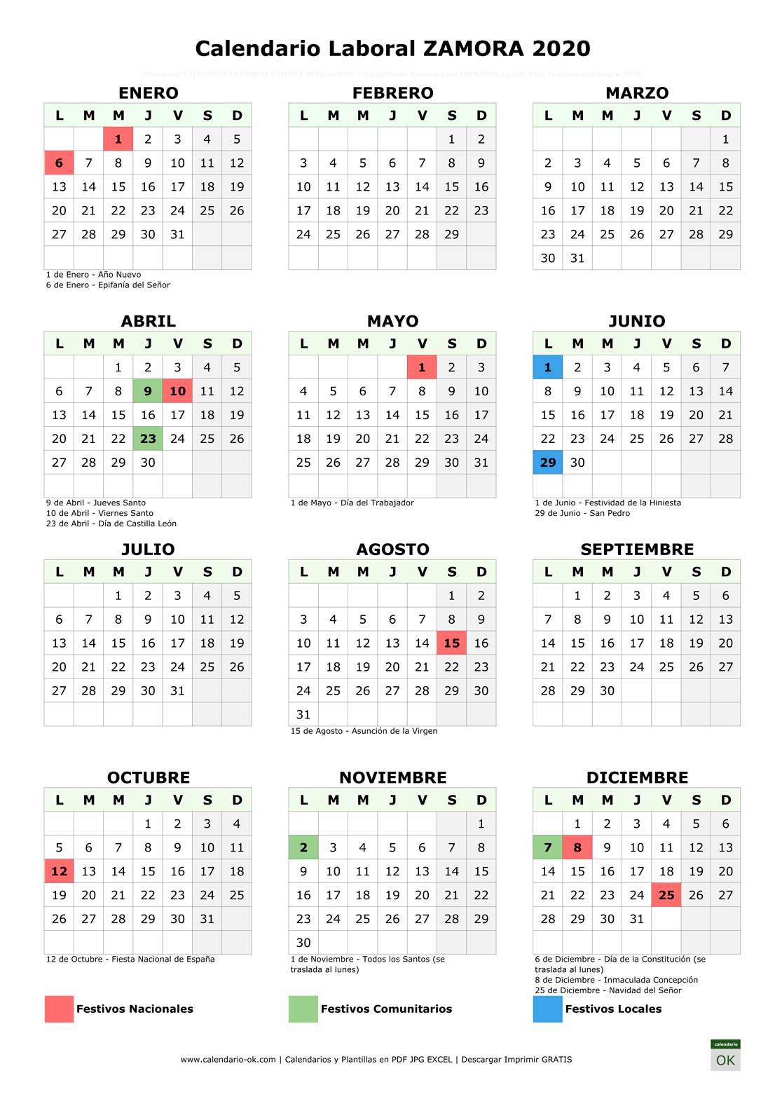 Calendario Laboral ZAMORA 2020