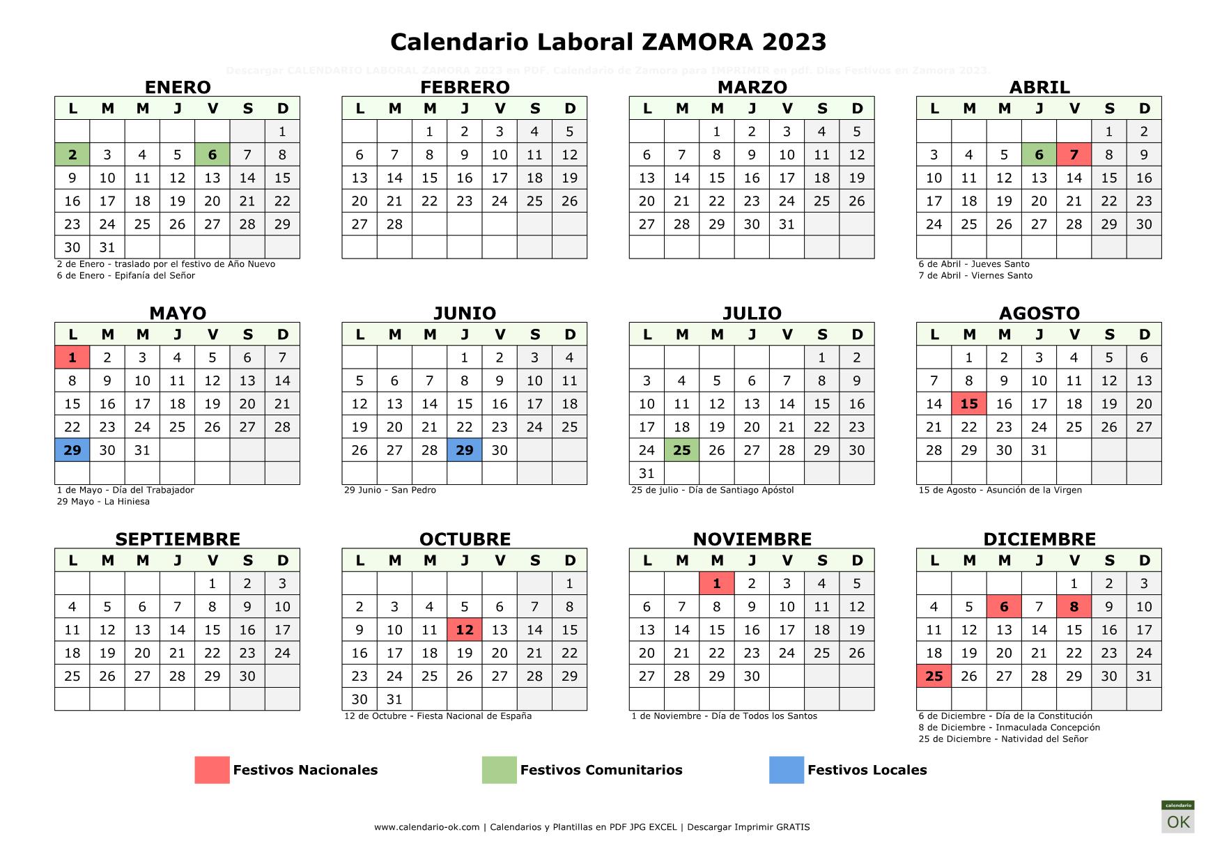 Calendario Laboral Zamora 2023 horizontal