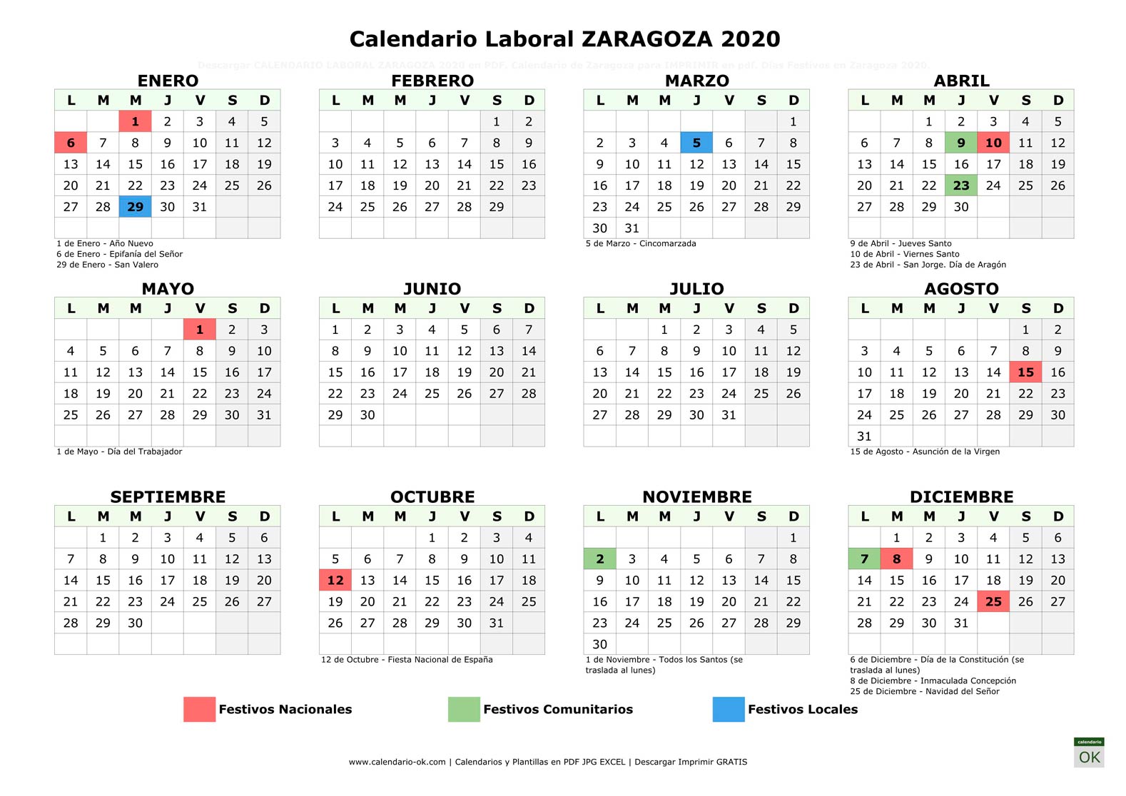 Calendario Laboral ZARAGOZA 2020 horizontal