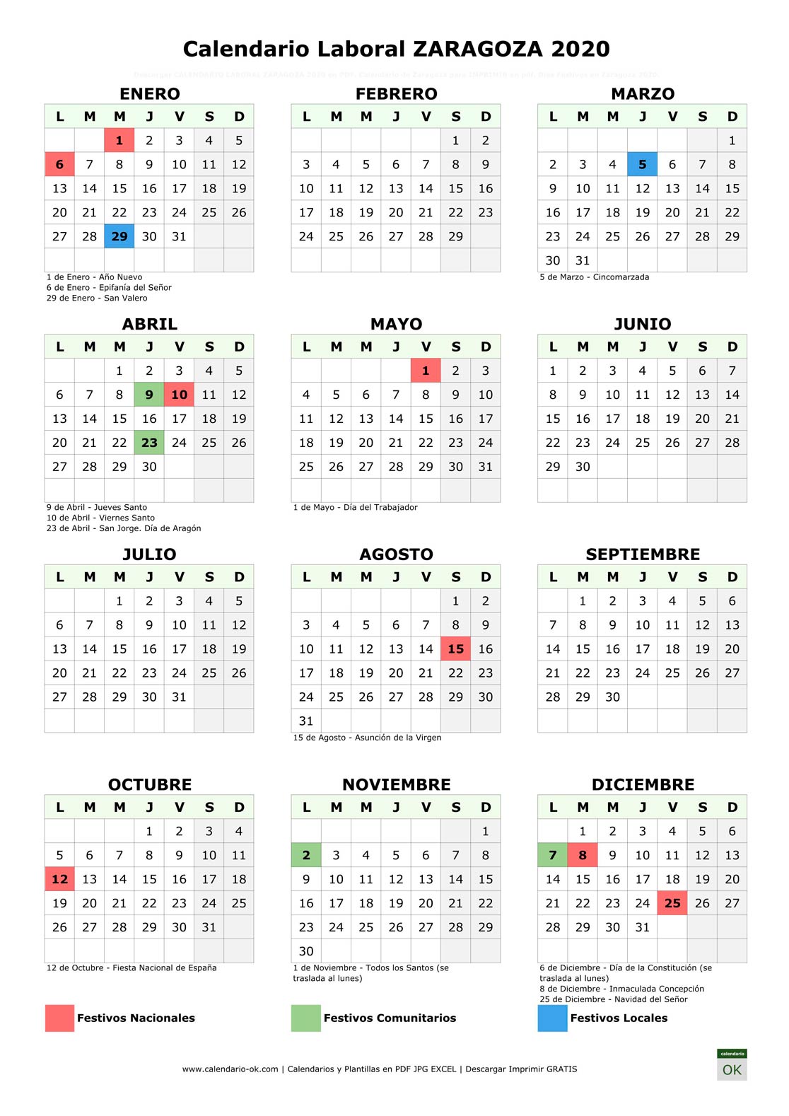 Calendario Laboral ZARAGOZA 2020