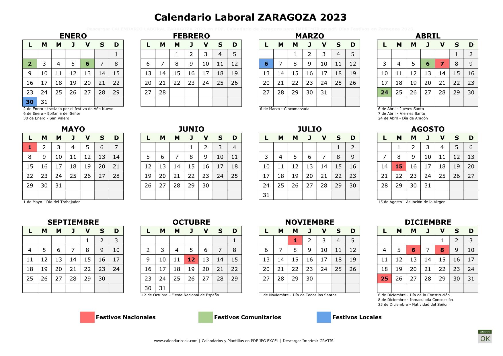 Calendario Laboral Zaragoza 2023 horizontal