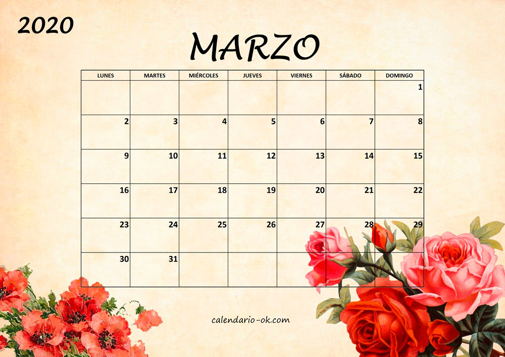 Calendario MARZO 2020 BONITO con FLORES