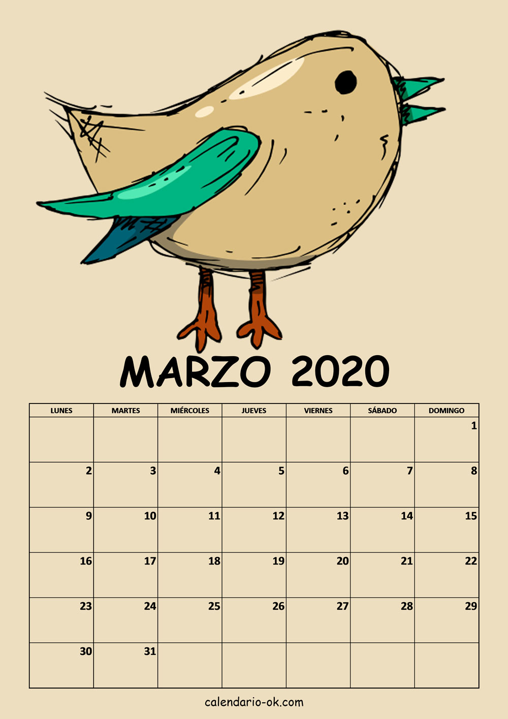 Calendario MARZO 2020 DIBUJO PAJAROS