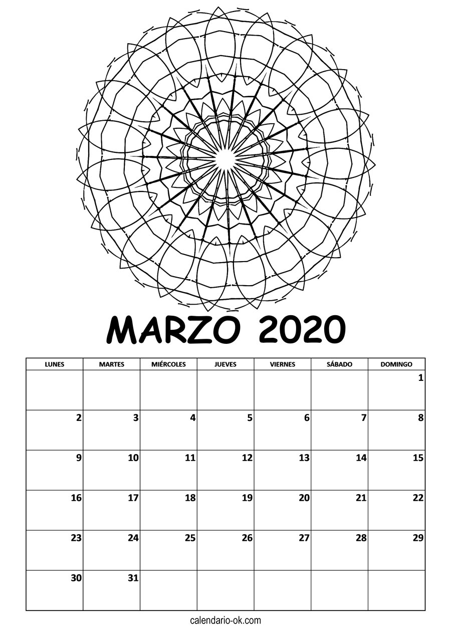 Calendario MARZO 2020 MANDALA PARA COLOREAR