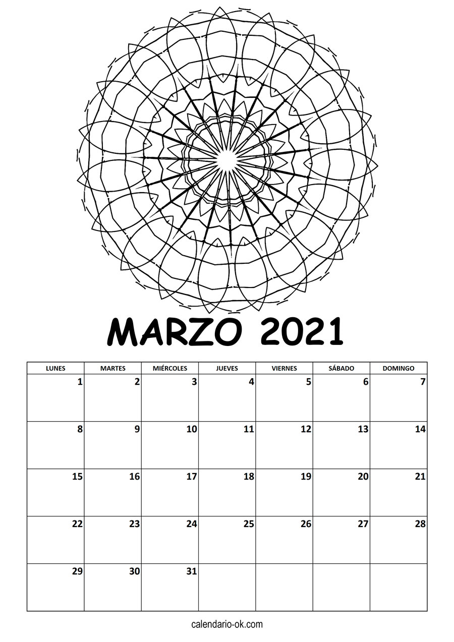 Calendario MARZO 2021 MANDALA PARA COLOREAR