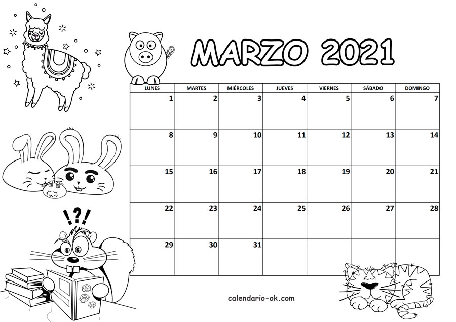 Calendario MARZO 2021 para COLOREAR