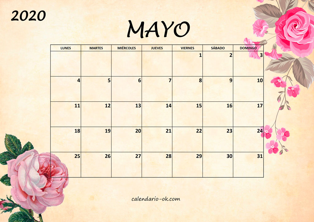 Calendario MAYO 2020 BONITO con FLORES
