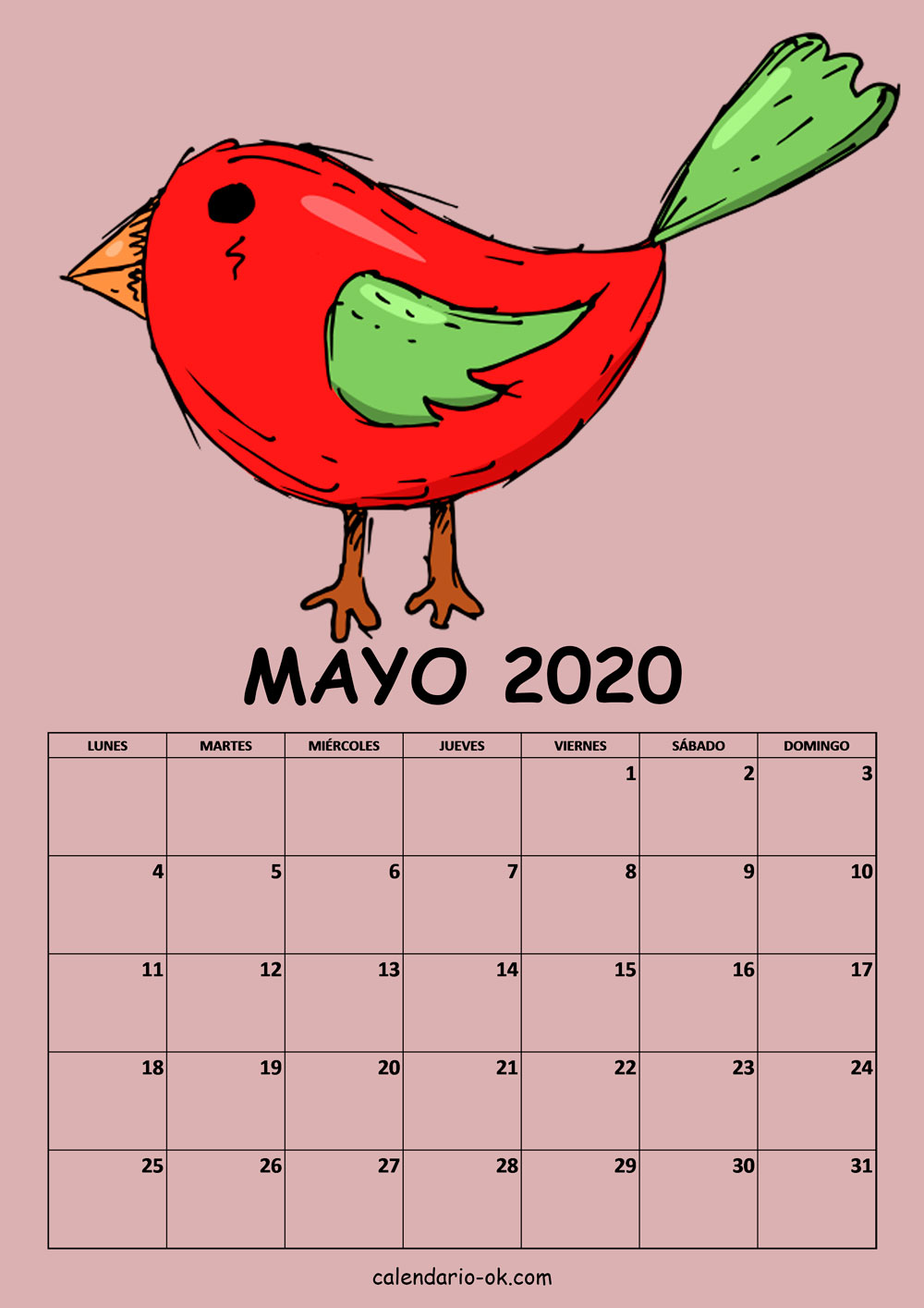 Calendario MAYO 2020 DIBUJO PAJAROS