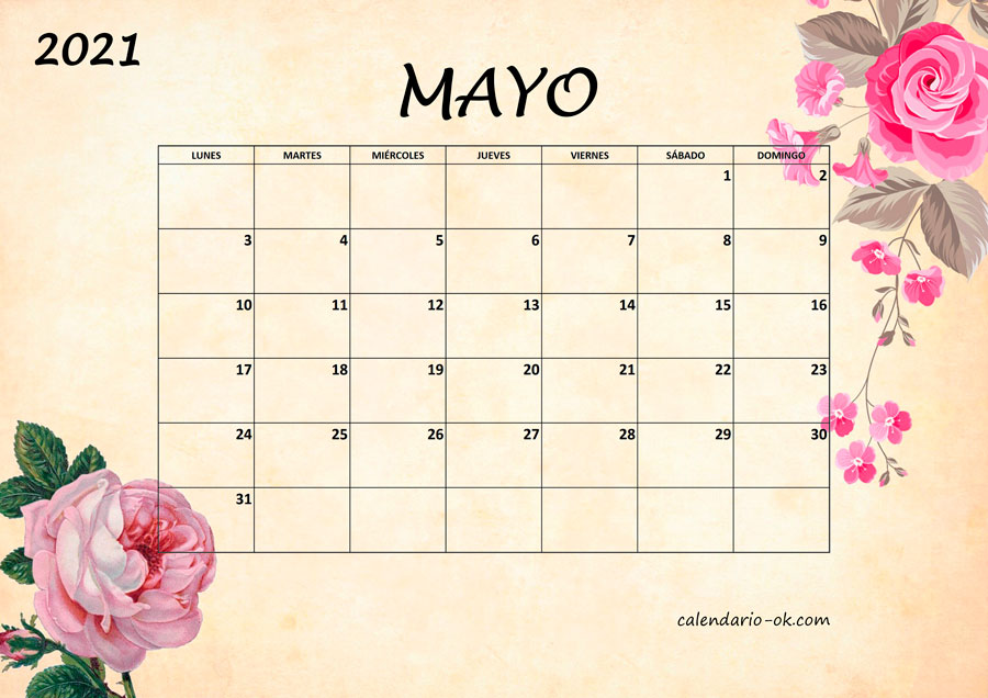Calendario MAYO 2021 BONITO con FLORES en JPG. 