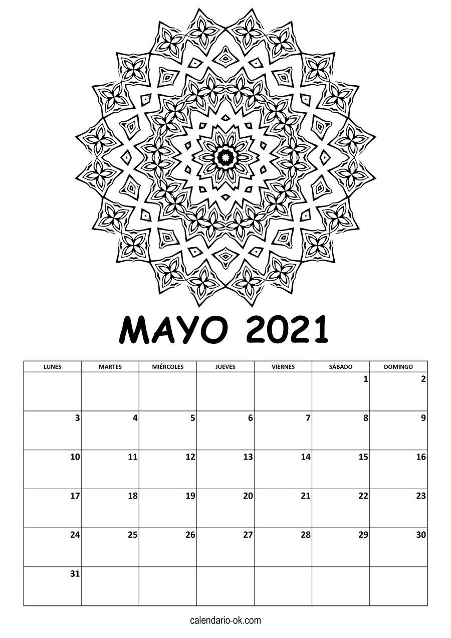 Calendario MAYO 2021 MANDALA PARA COLOREAR