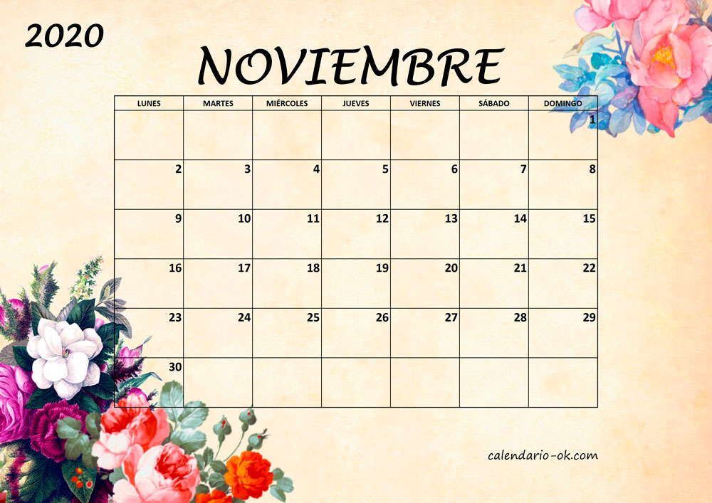 Calendario NOVIEMBRE 2020 BONITO con FLORES