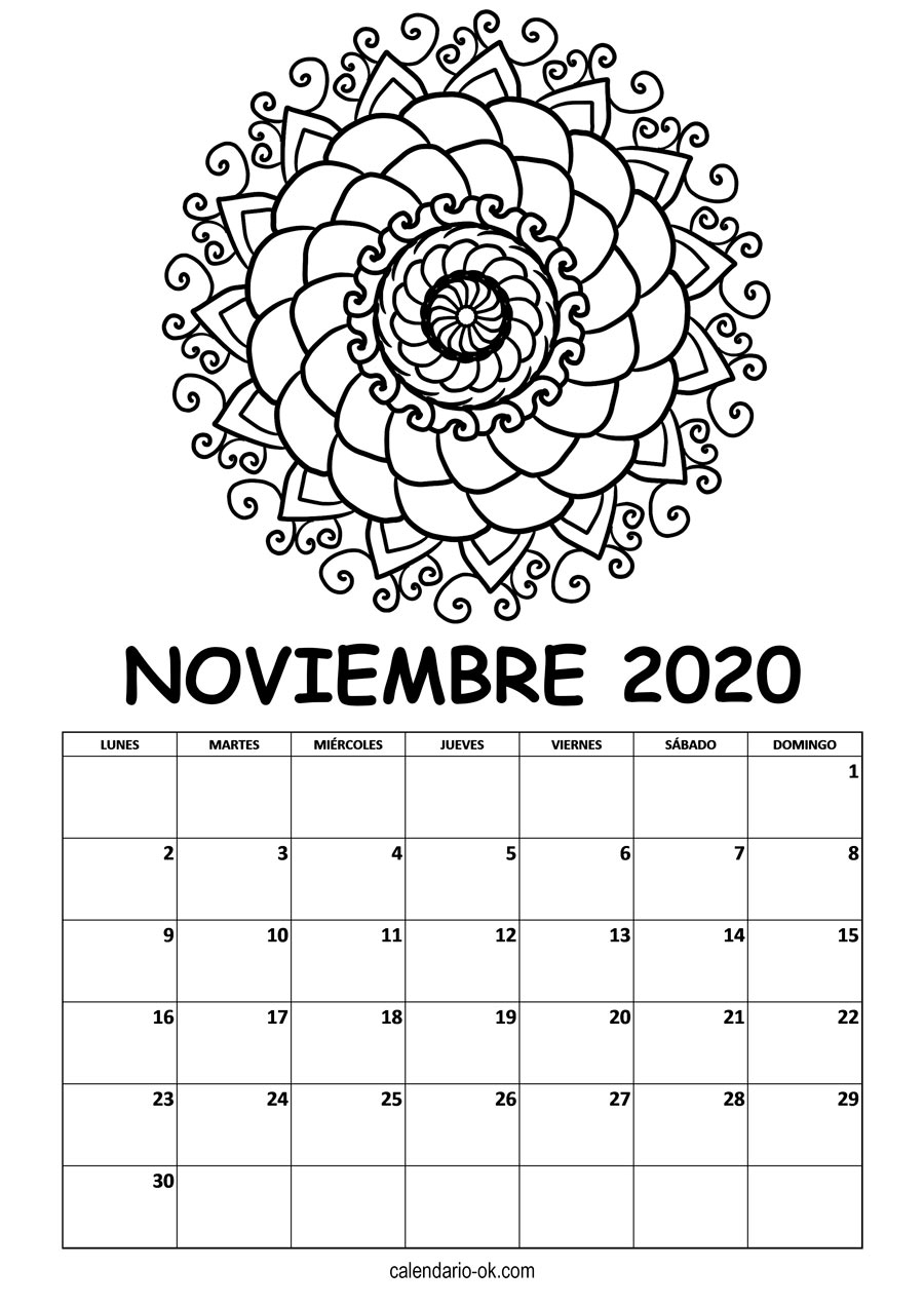 Calendario NOVIEMBRE 2020 MANDALA PARA COLOREAR
