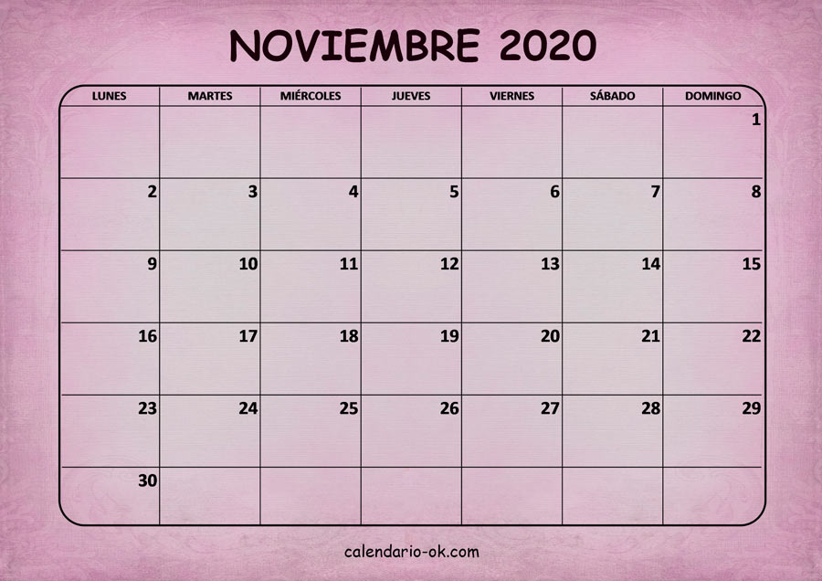 Calendario NOVIEMBRE 2020 ROSA