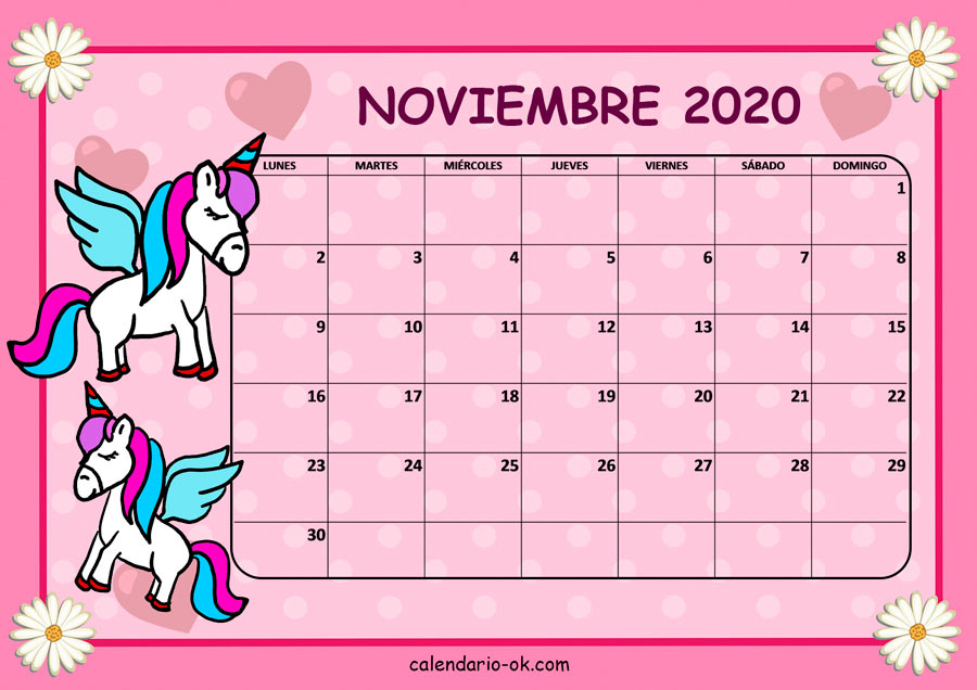 Calendario NOVIEMBRE 2020 UNICORNIO