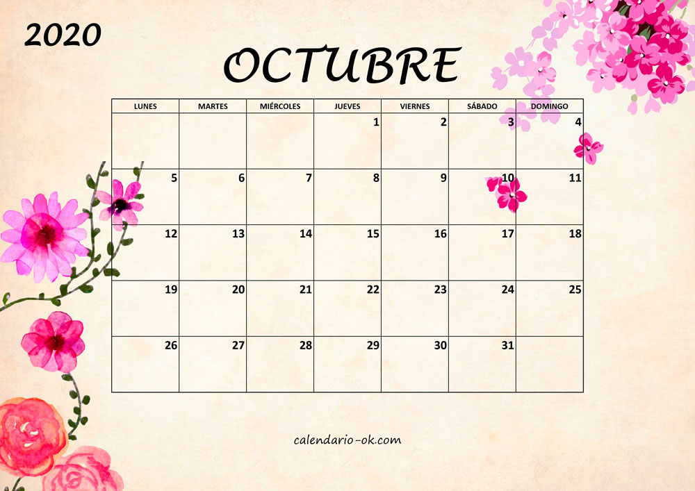 Calendario OCTUBRE 2020 BONITO con FLORES