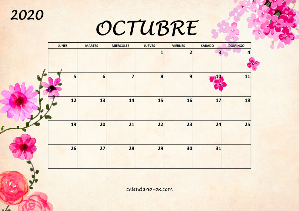 Plantilla Calendario 【octubre 2020】 Para Imprimir Pdf