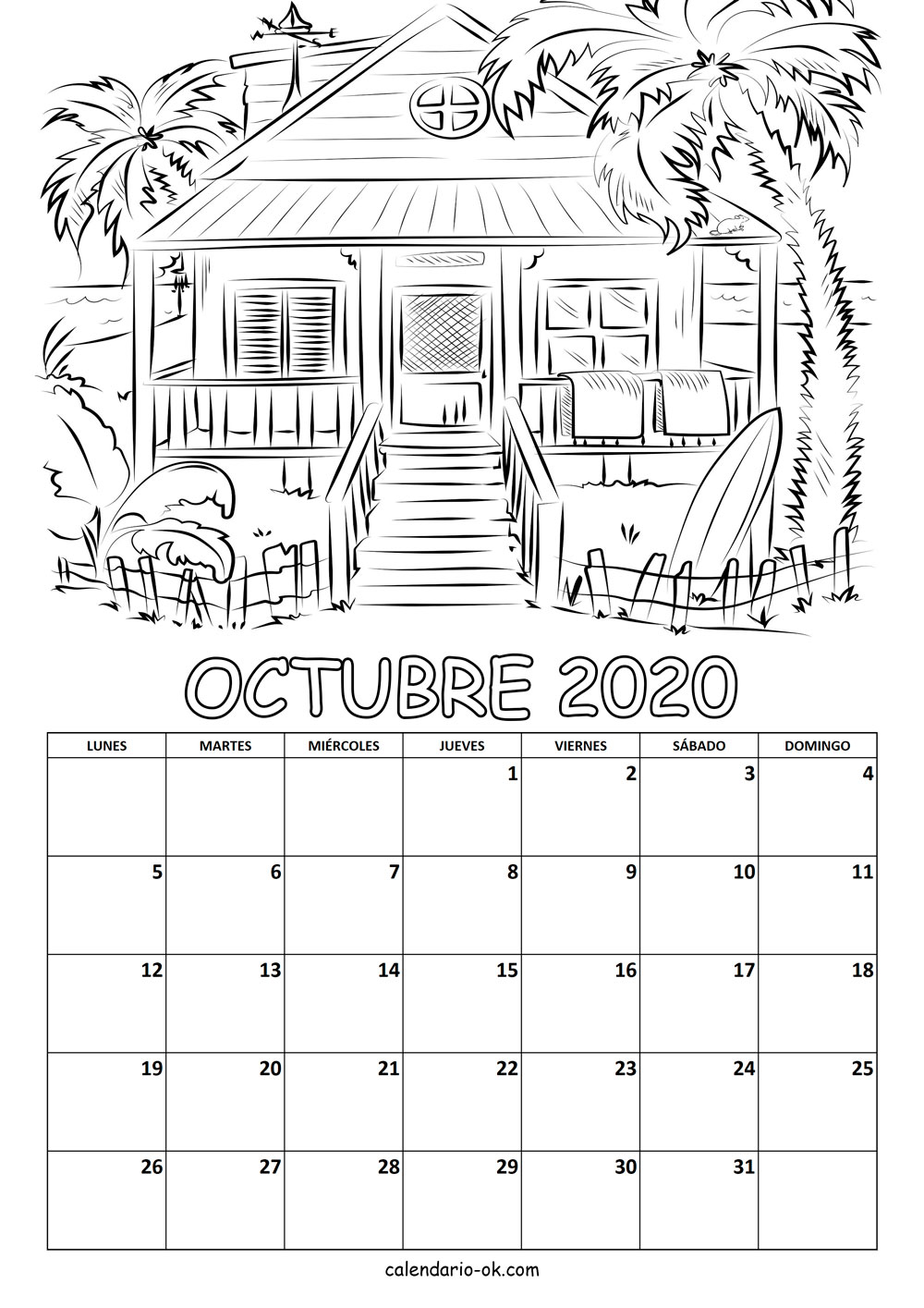 Calendario OCTUBRE 2020 COLOREAR