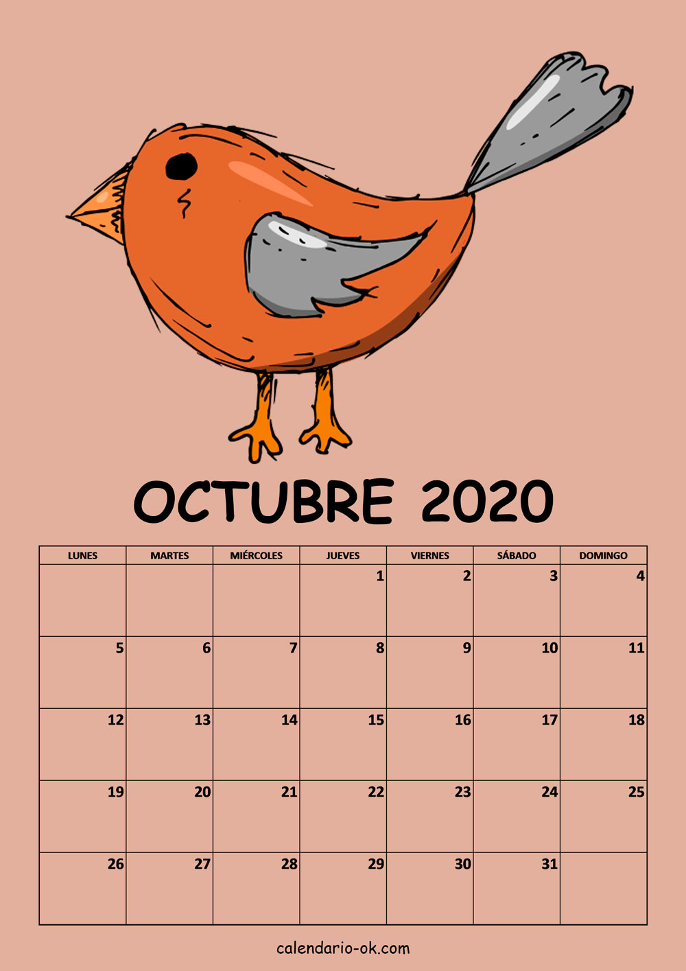 Calendario OCTUBRE 2020 DIBUJO PAJAROS