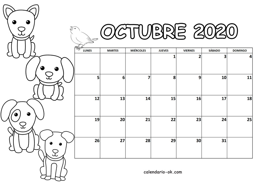 Calendario OCTUBRE 2020 para COLOREAR