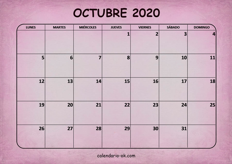 Calendario OCTUBRE 2020 ROSA
