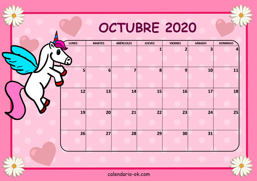 Calendario OCTUBRE 2020 UNICORNIO