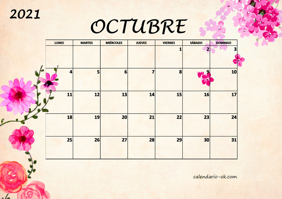 Calendario OCTUBRE 2021 BONITO con FLORES