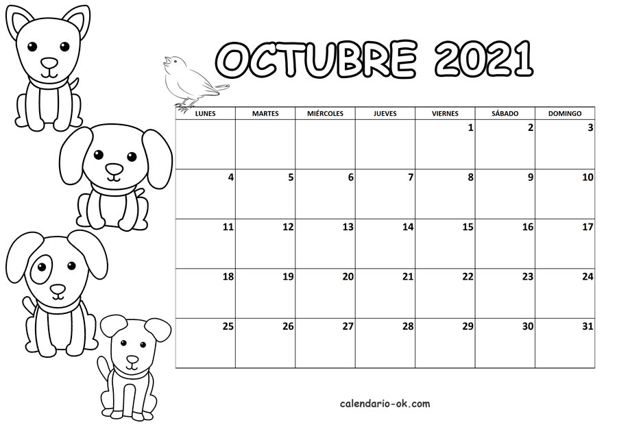 Calendario OCTUBRE 2021 para COLOREAR