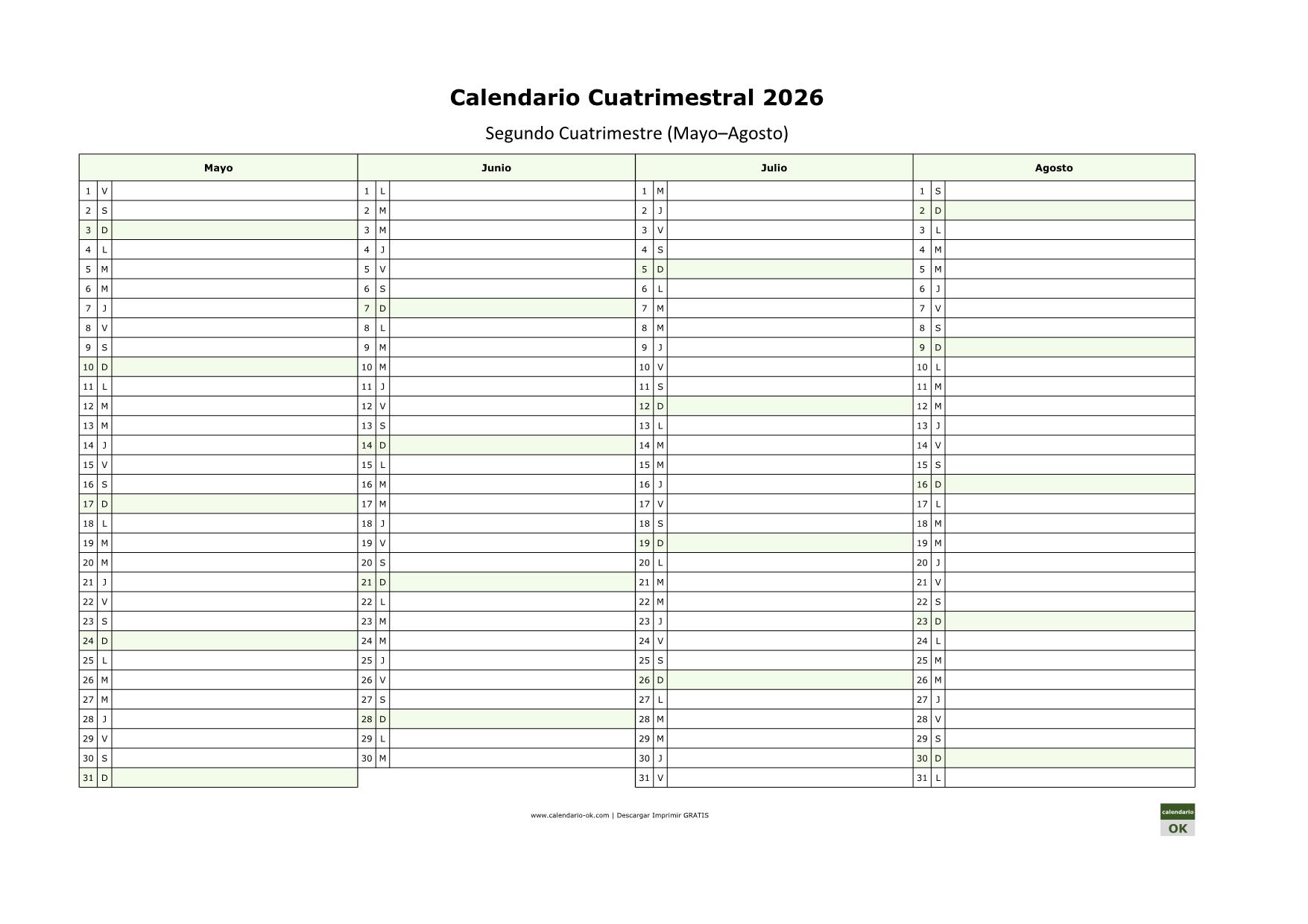 Calendario 2026 segundo cuatrimestre para imprimir