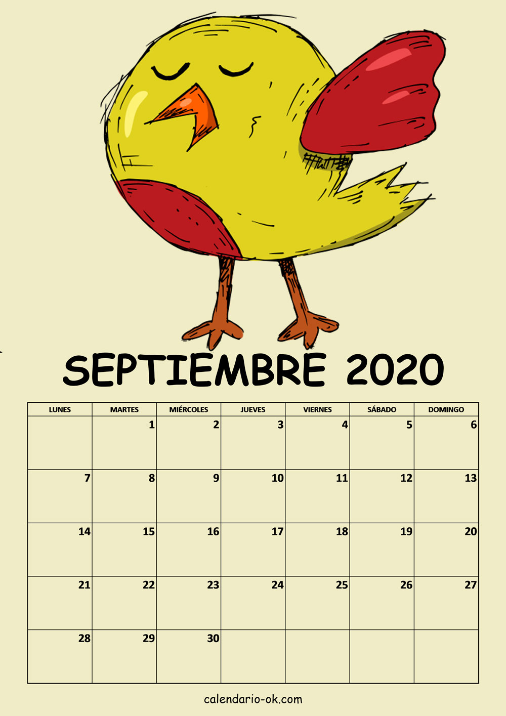 Calendario SEPTIEMBRE 2020 DIBUJO PAJAROS