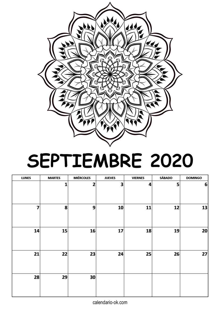Calendario SEPTIEMBRE 2020 MANDALA PARA COLOREAR