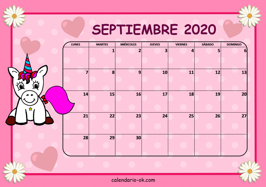 Calendario SEPTIEMBRE 2020 UNICORNIO