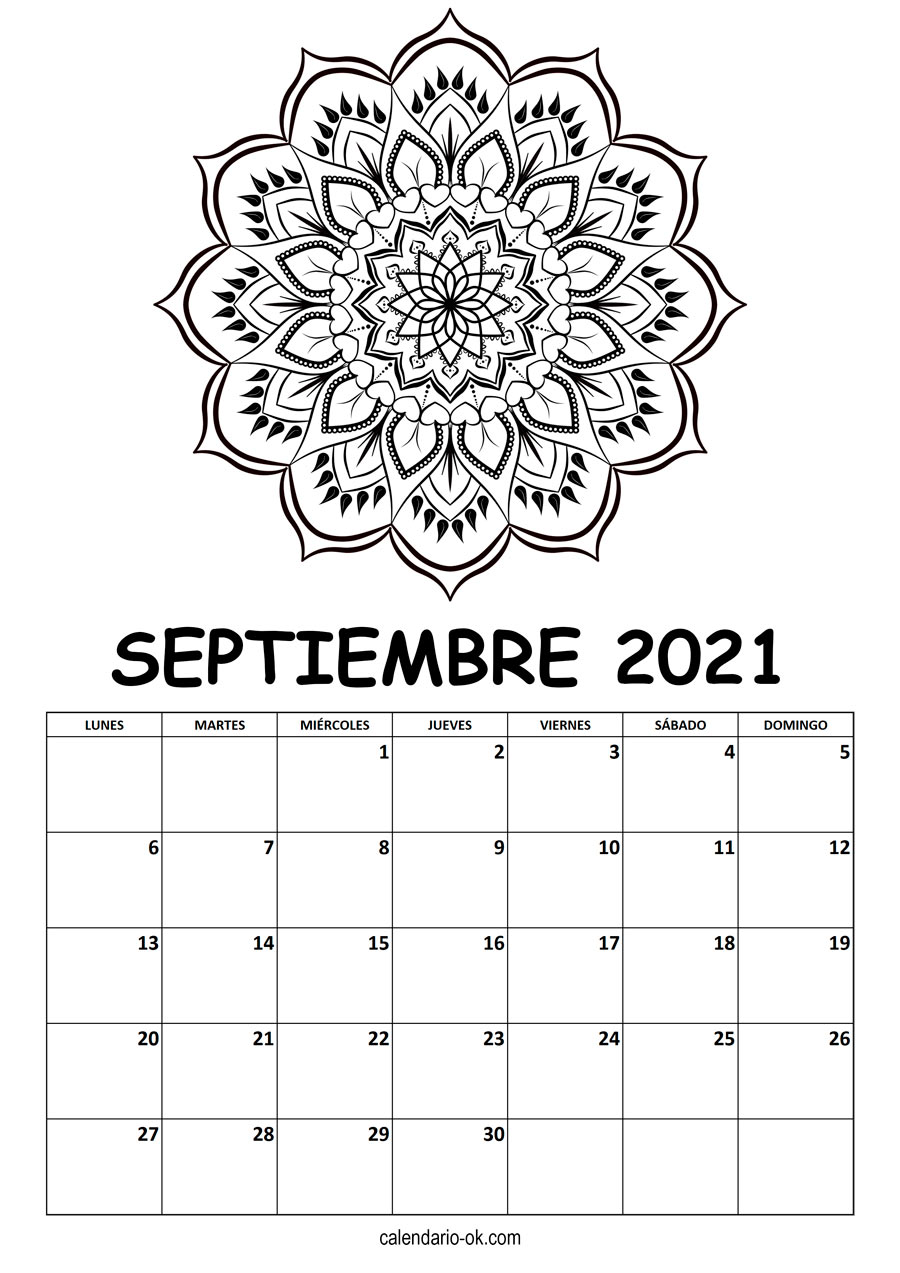 Calendario SEPTIEMBRE 2021 MANDALA PARA COLOREAR