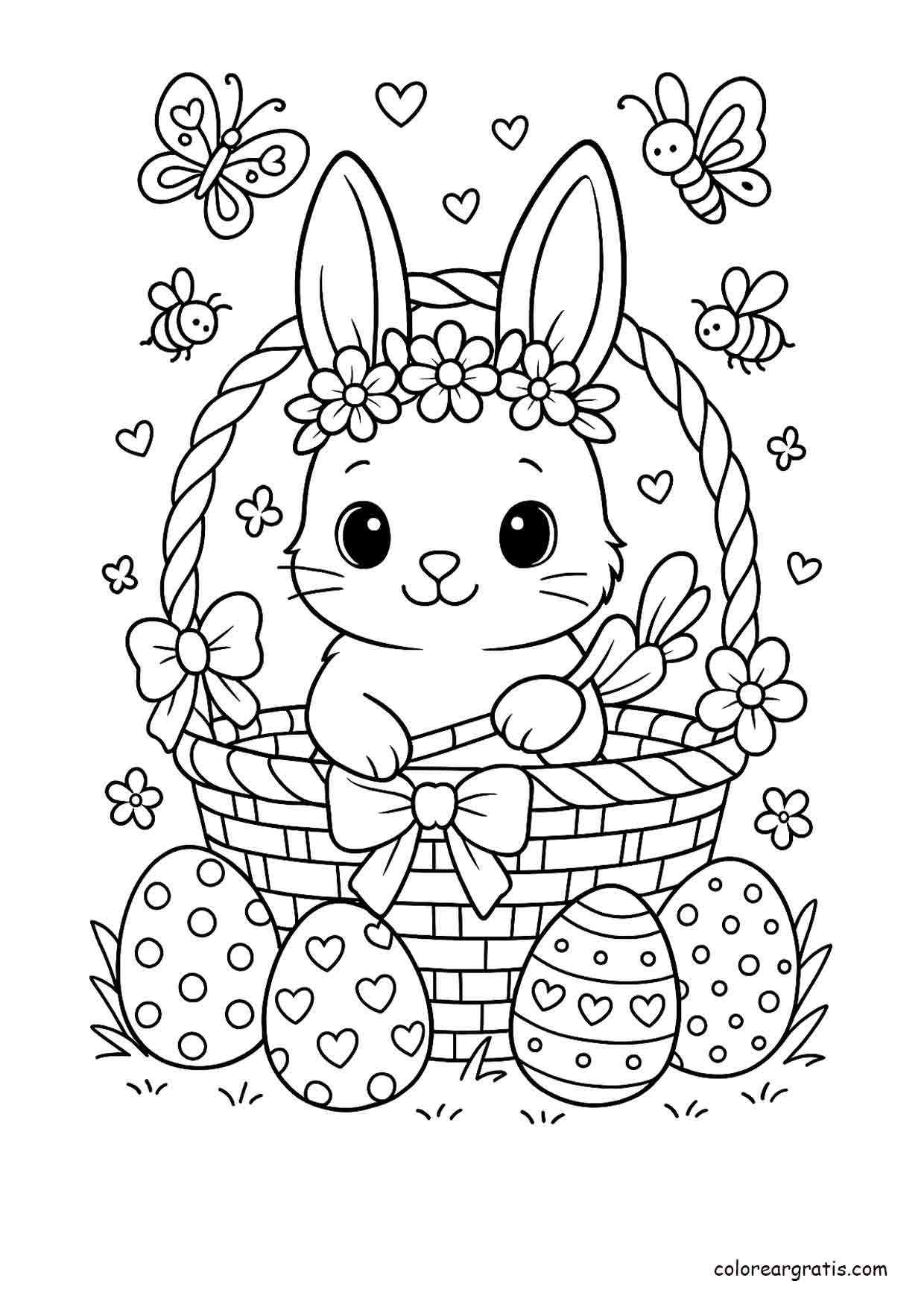 Conejito de Pascua para colorear – dibujo de primavera Dibujo de conejito de Pascua con huevos para colorear