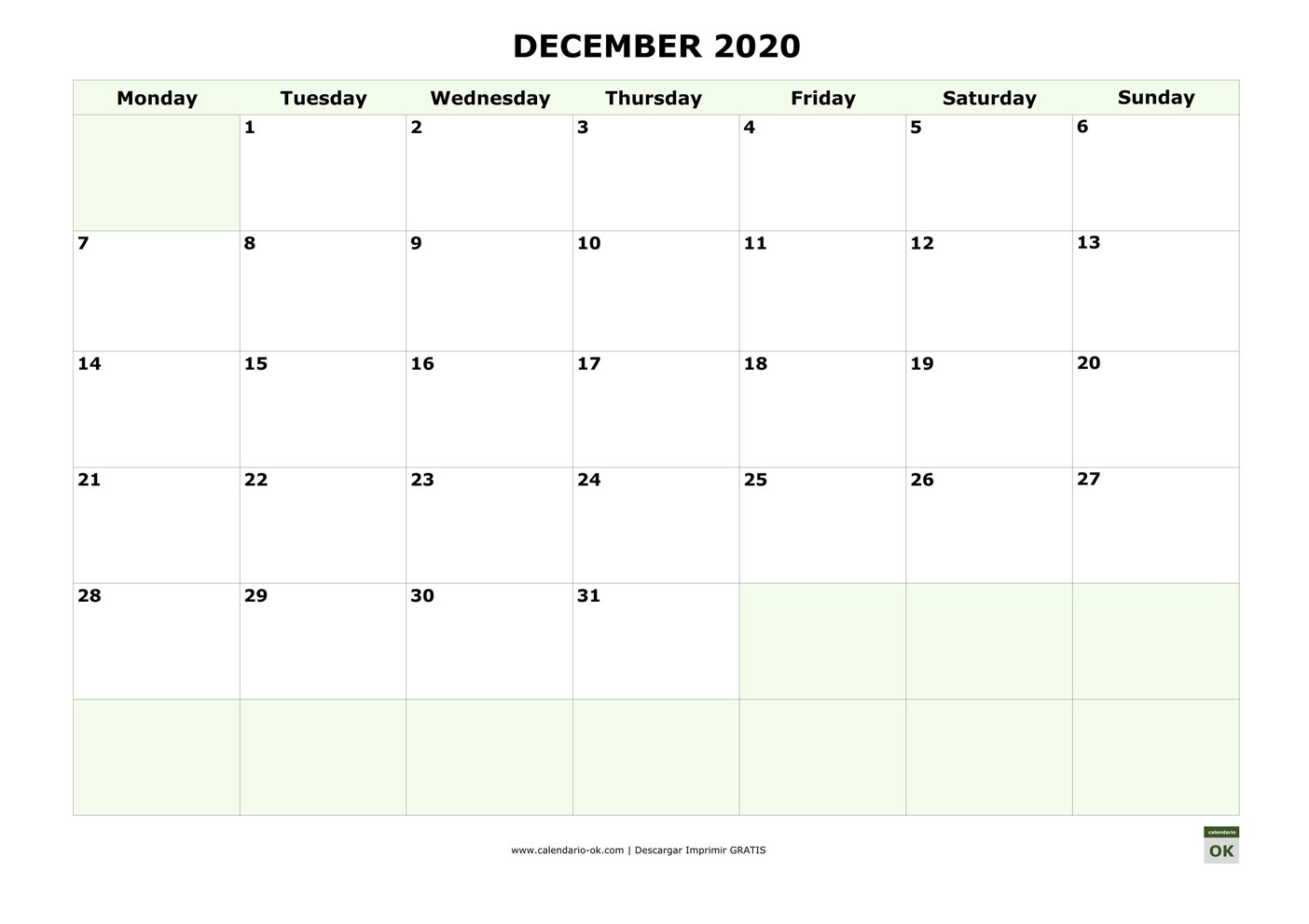 DICIEMBRE 2020 calendario en INGLES