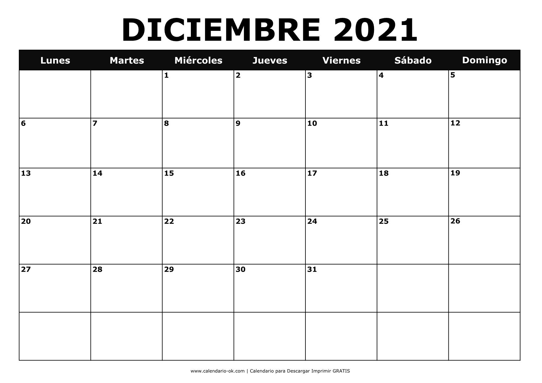 Plantilla Calendario 【DICIEMBRE 2021】 para IMPRIMIR