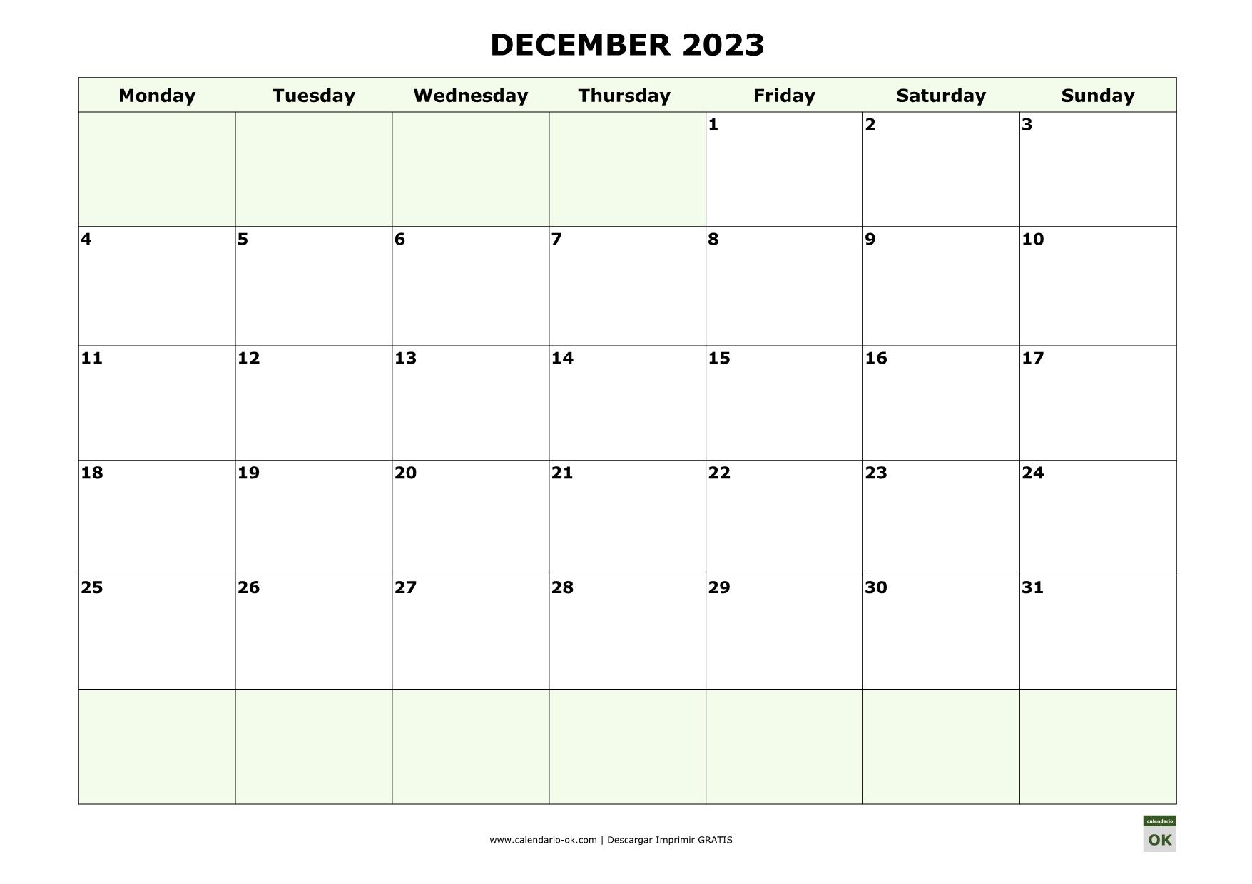 DICIEMBRE 2023 calendario en INGLES