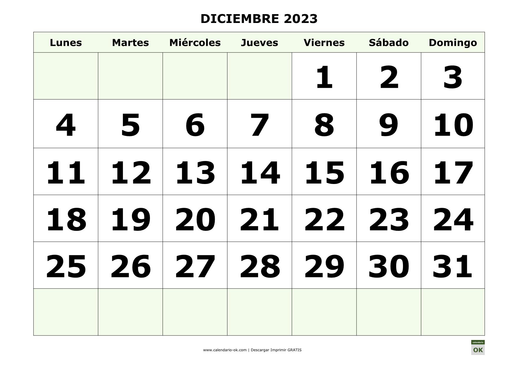 Calendario mensual diciembre 2023 para imprimir