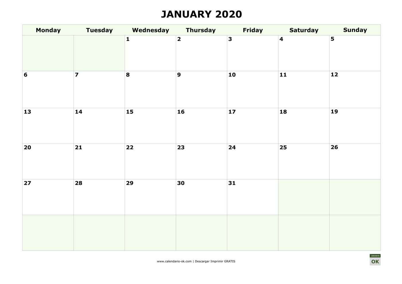 ENERO 2020 calendario en INGLES