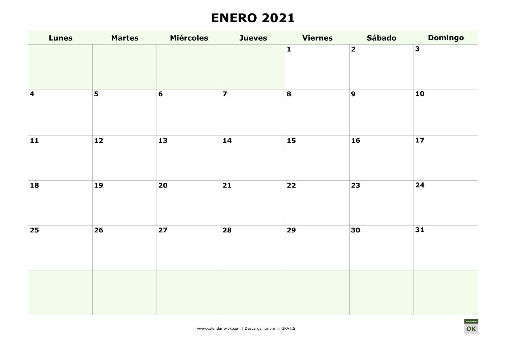 Plantilla Calendario 【enero 2021】 Para Imprimir Pdf