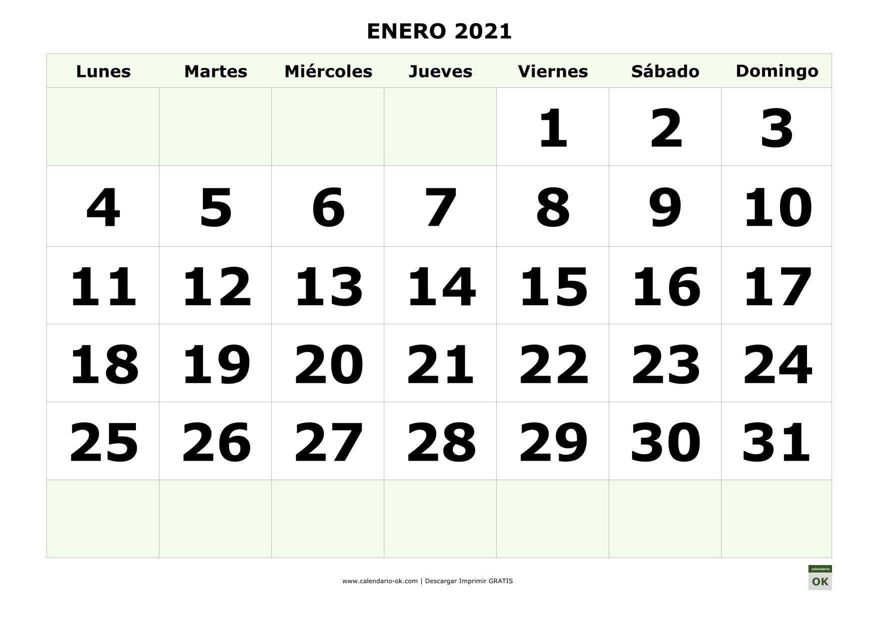 Plantilla Calendario 【enero 2021】 Para Imprimir Pdf