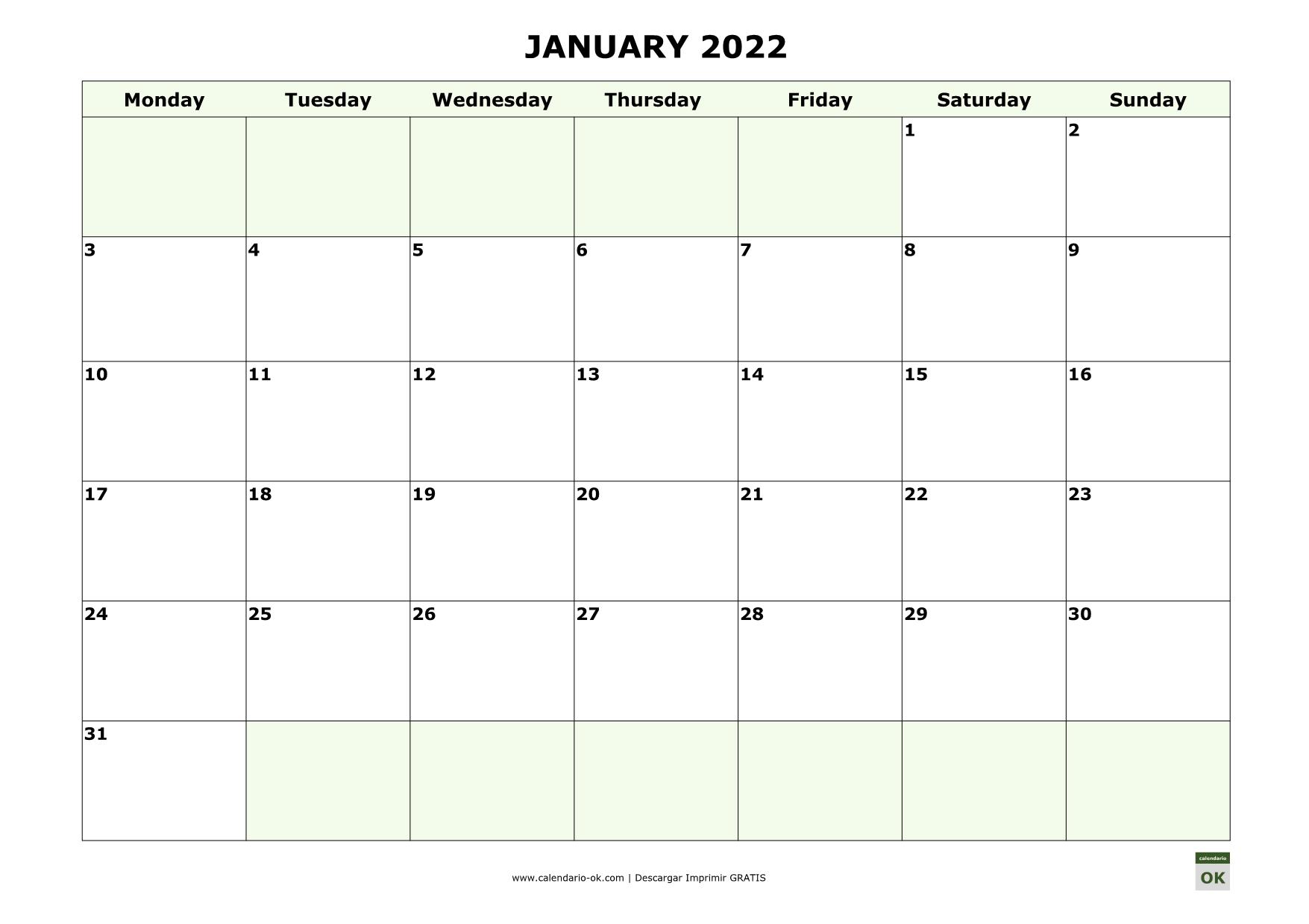 ENERO 2022 calendario en INGLES