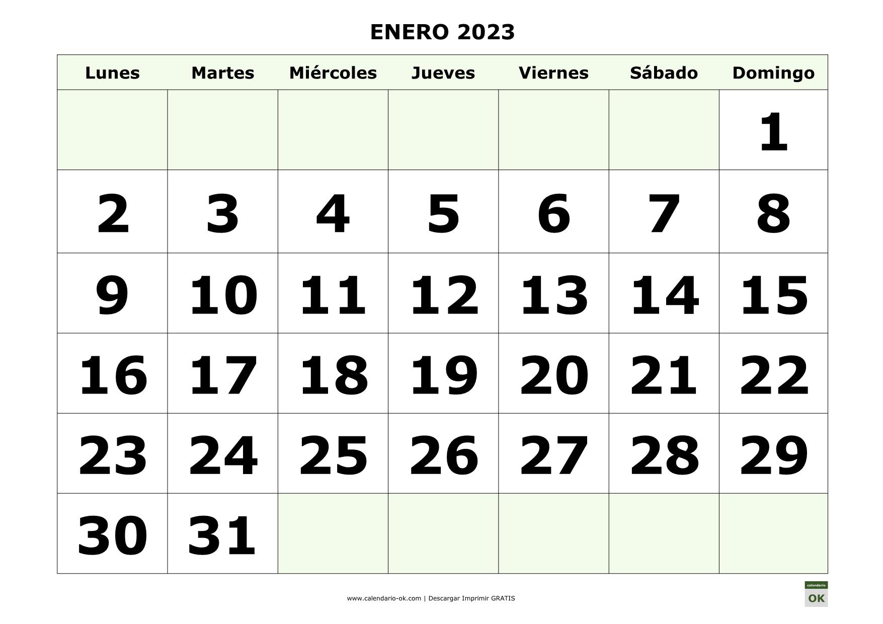 Calendario mes enero 2023 para imprimir