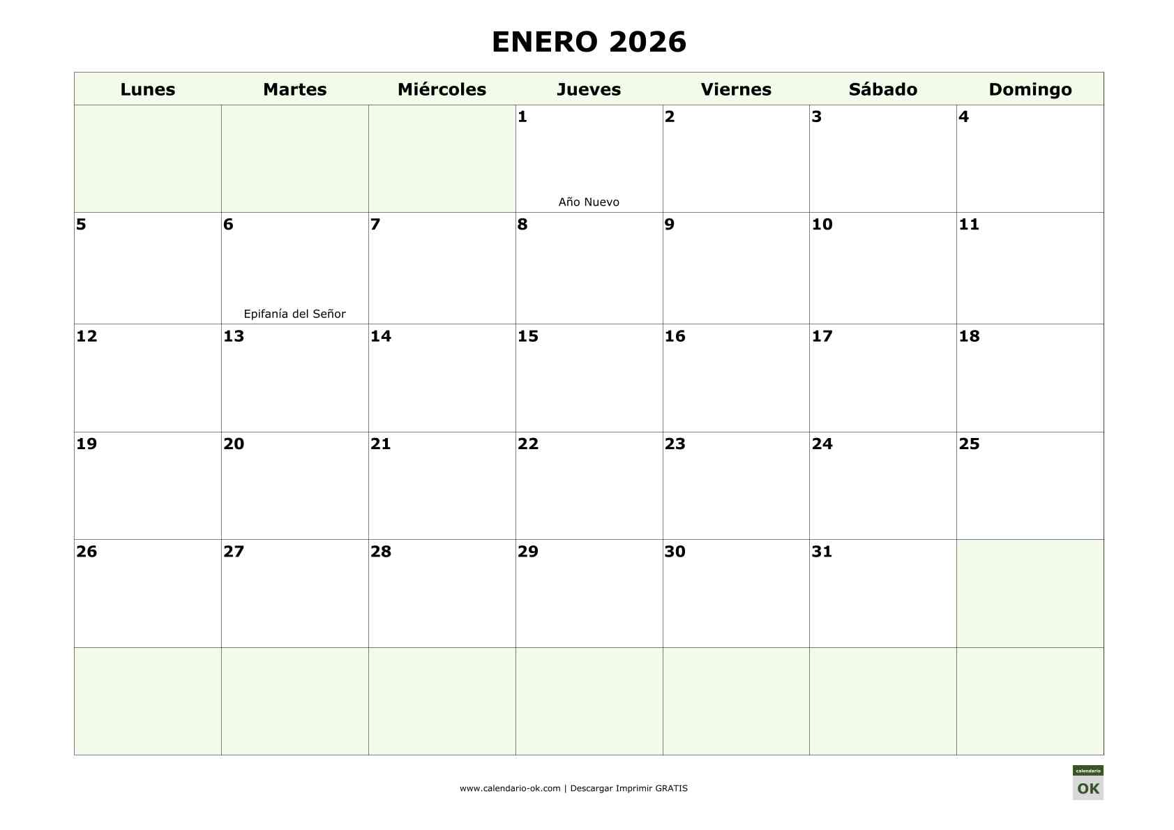 Calendario 2026 por MESES con FESTIVOS NACIONALES en PDF