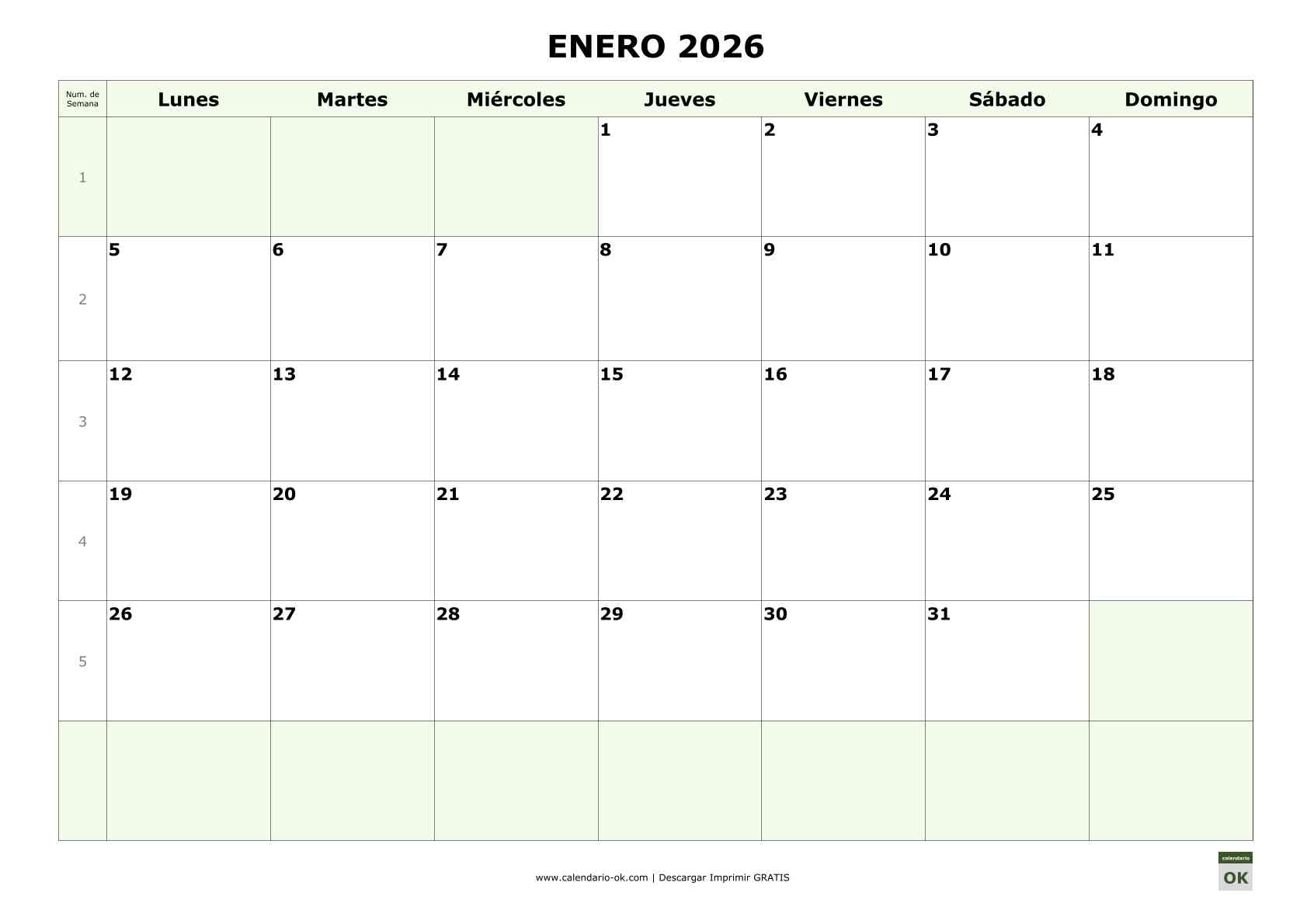 Calendario 2026 por MESES con NUMERO DE SEMANA