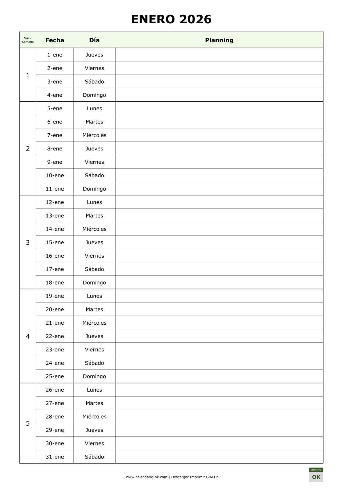 Calendario 2026 por MESES para hacer PLANNING