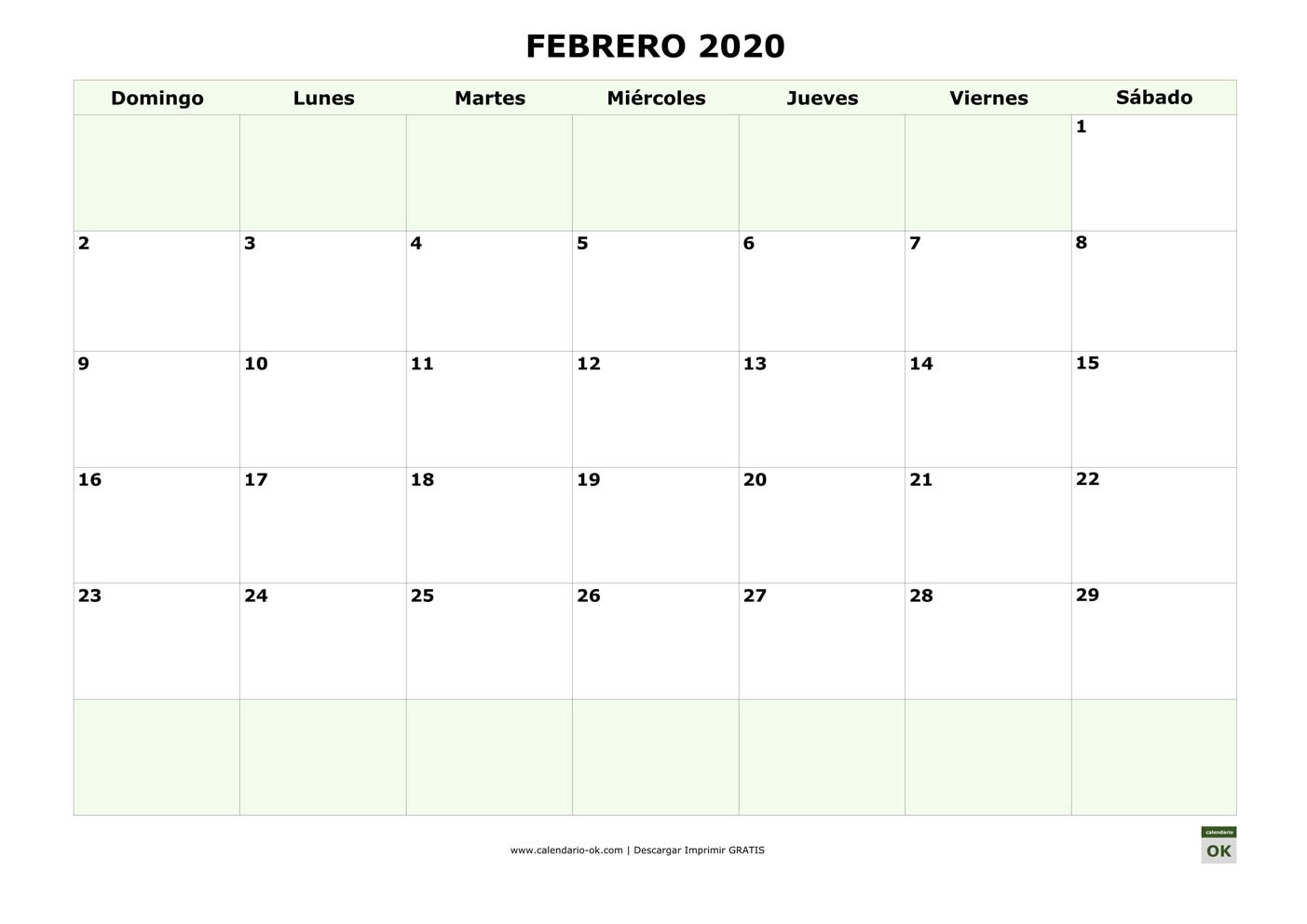 FEBRERO 2020 empieza por DOMINGO