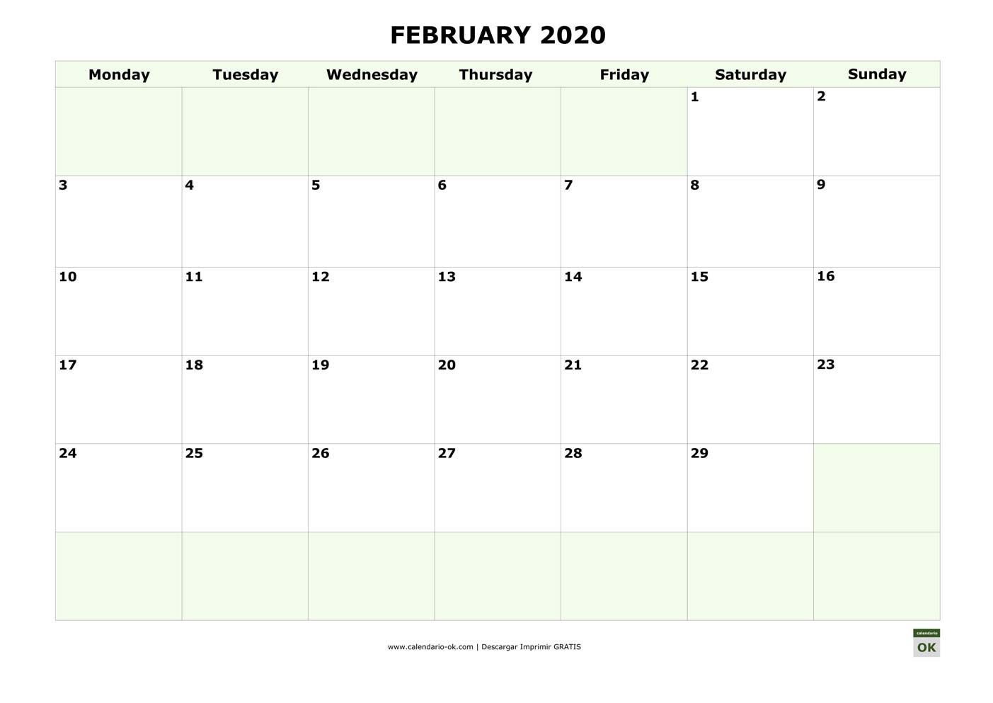 FEBRERO 2020 calendario en INGLES