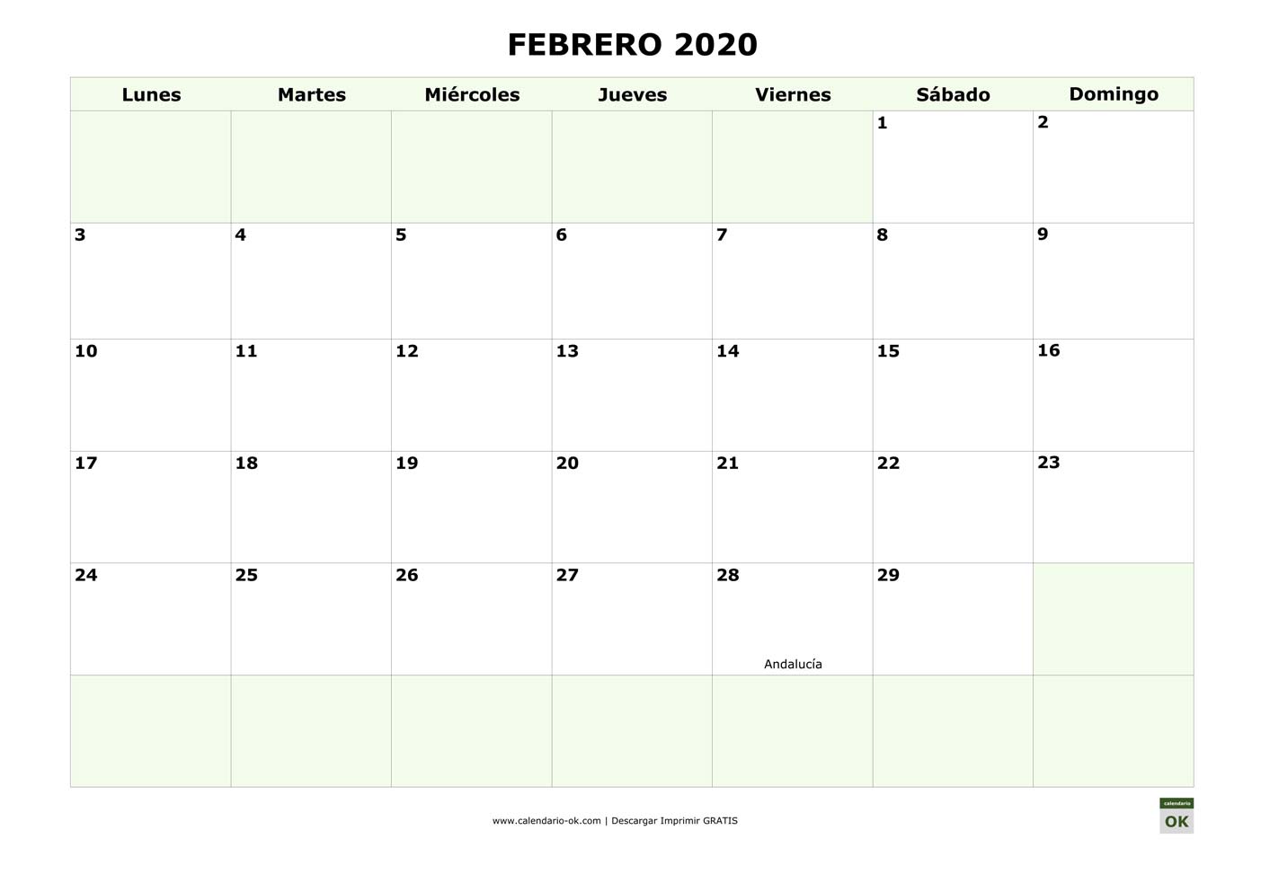 FEBRERO 2020 con días FESTIVOS DE COMUNIDADES AUTONOMAS